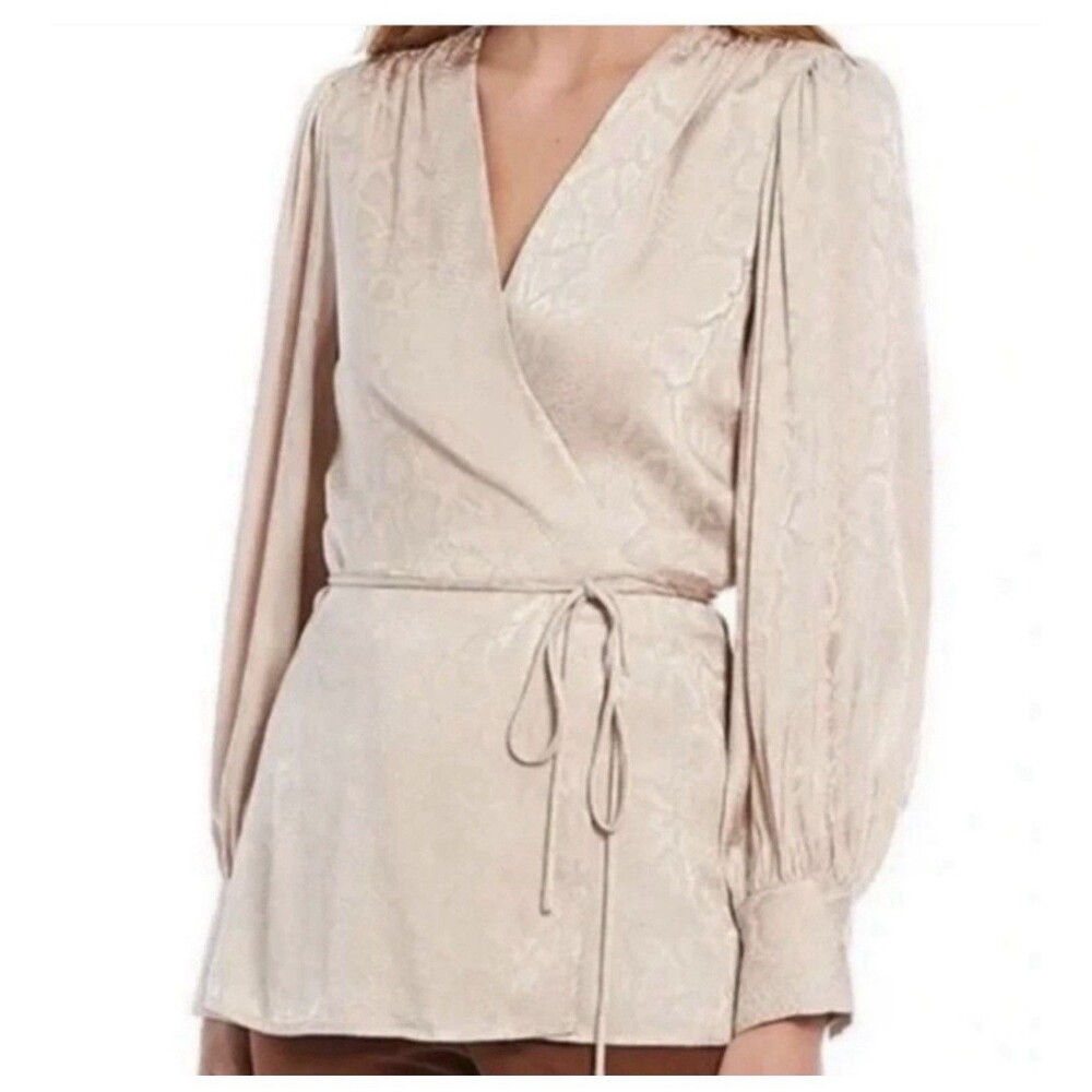 Alex Marie Satin Champagne Wrap Blouse Shirt Top Long Sleeves Snake Jaquered M